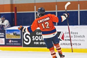 Isaac Cayetano celebrates after getting the winner in the shootout. (Scott Savard/High River Flyers)