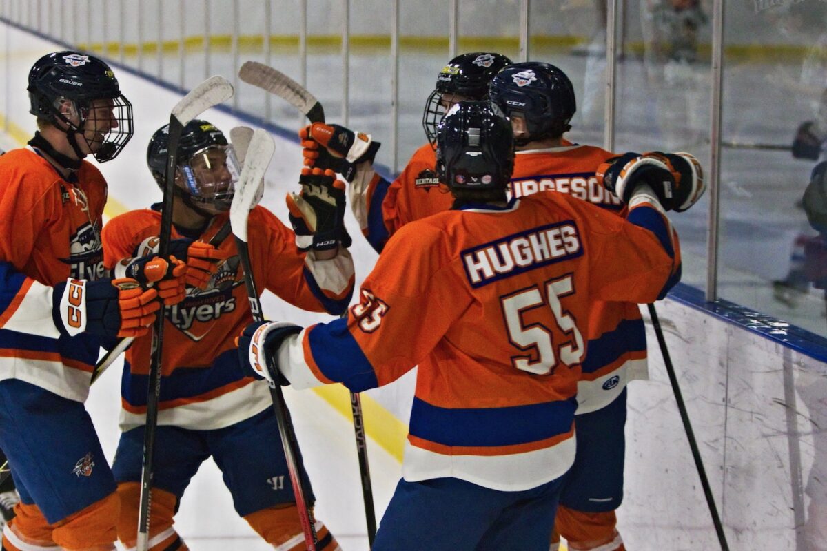 Flyers celebrate a goal from last season. (Scott Savard/High River Flyers)